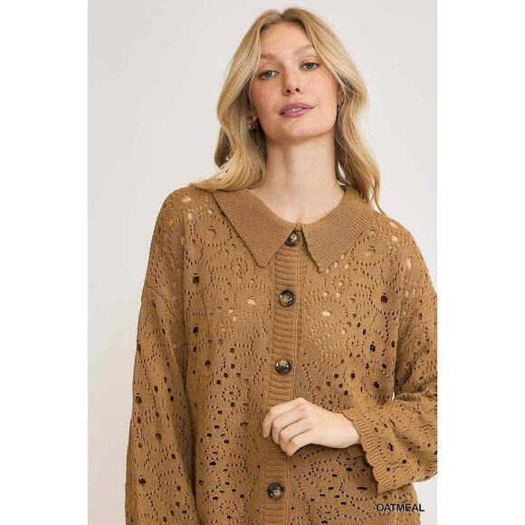 Umgee Crochet Button Down Long Sleeves Oversized Casual Knit Cardigan | Oatmeal - Picture 6 of 6